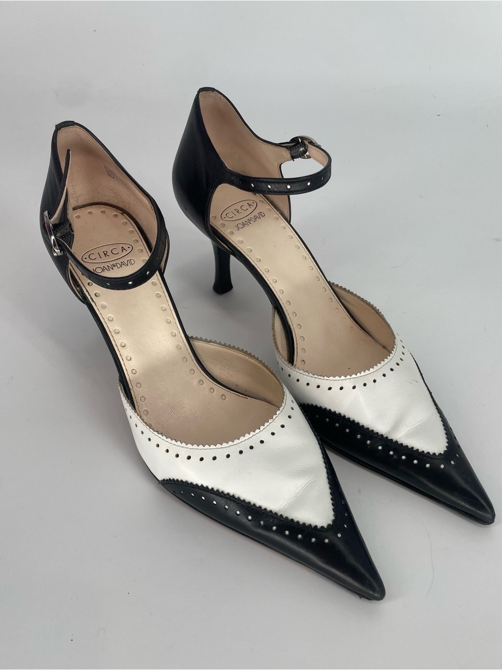 Circa Joan & David Black & White Leather Ankle Strap Pointed Toe Heels